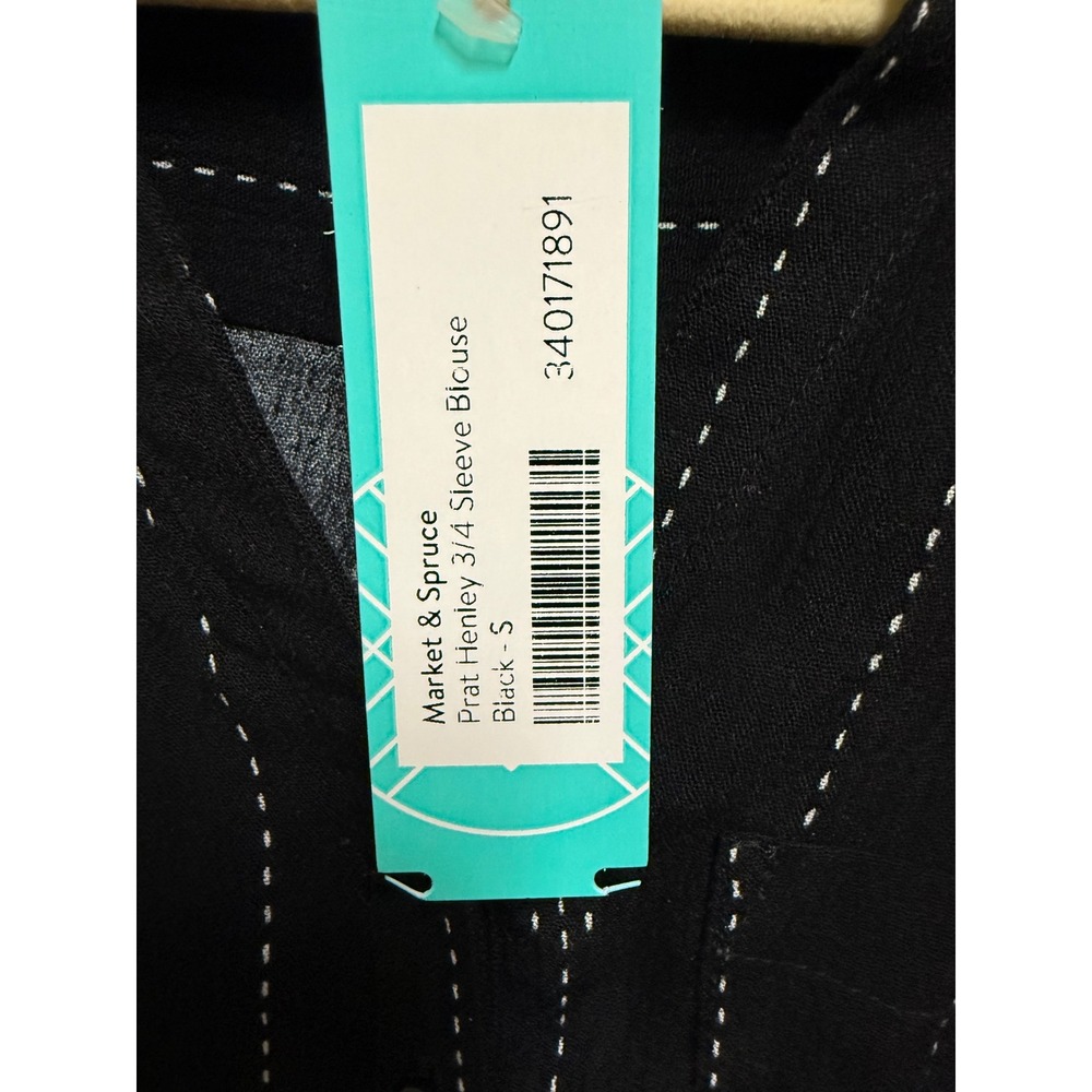 Market & Spruce Prat Henley 3/4 Sleeve Blouse Black Dash Stripe Small NEW - Picture 3 of 5